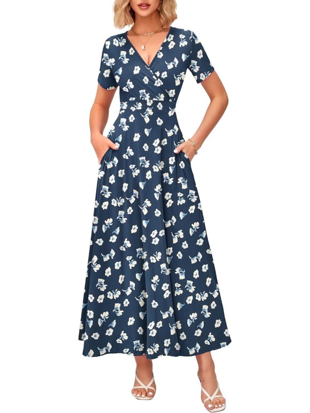 Women's Floral Navy Summer Maxi Dress Wrap V Neck Elegant Dress Short Sleeve